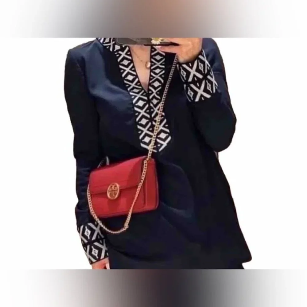TORY‎ BURCH ARIANA V Neck Tunic with Taping Blouse Embroidered Knit Trim Size 4